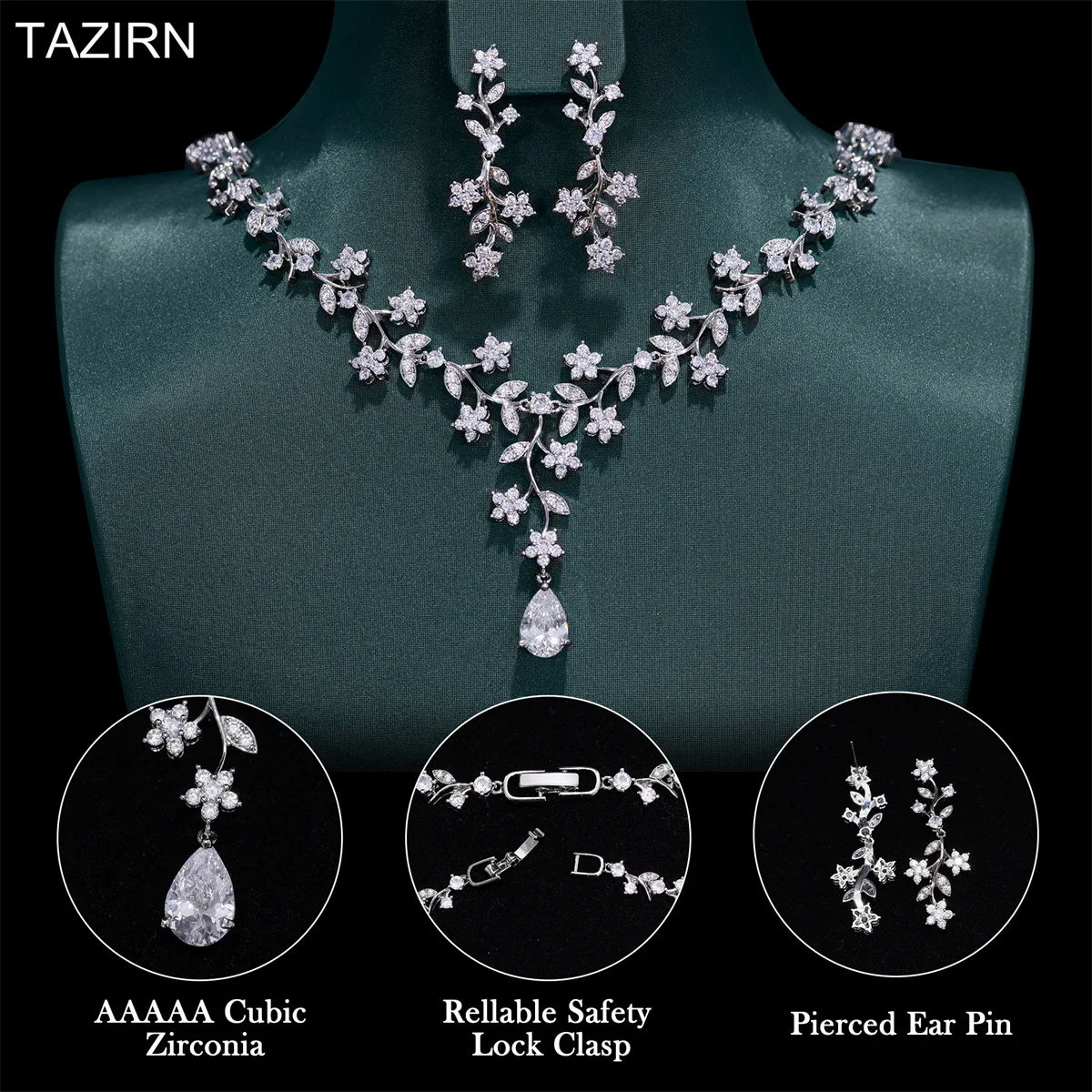 TAZIRN 5A Cubic Zirconia Floral Jewelry Set CZ Necklace and Earrings  For Dubai Nigeria Women Luxury Wedding Jewelry 2PCS Set