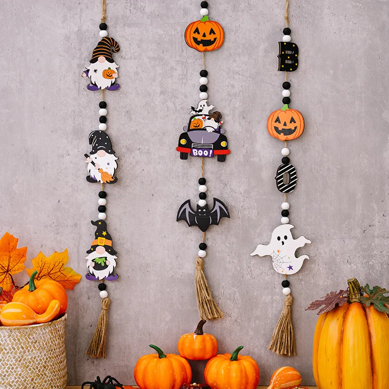 Halloween Wooden Beads Pendant Gnome Pumpkin Bat Ghost Hanging Ornaments for Wall Home Party Tray Decoration Prop