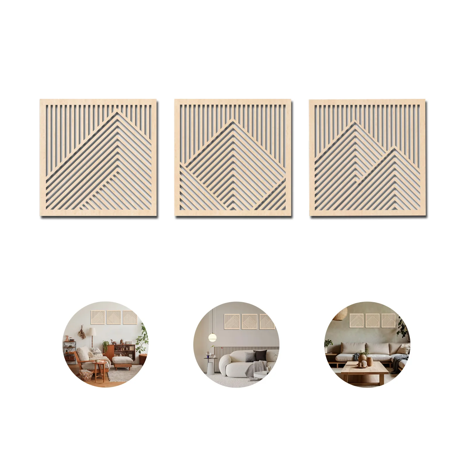 3Pcs Wooden Mountain Wall Art - Minimalist Abstract Line Panel, 12x12 inch Engineered Wood, Nature Decor for Living Room, Bedroo