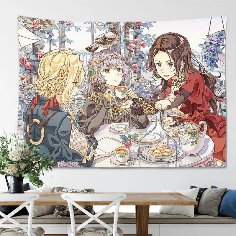VIKAMA Anime Bride Flower Wall Tapestry Red Hair Tiara Crown White Blossom Wedding Veil Japanese Manga Cartoon Decor Fresh Style
