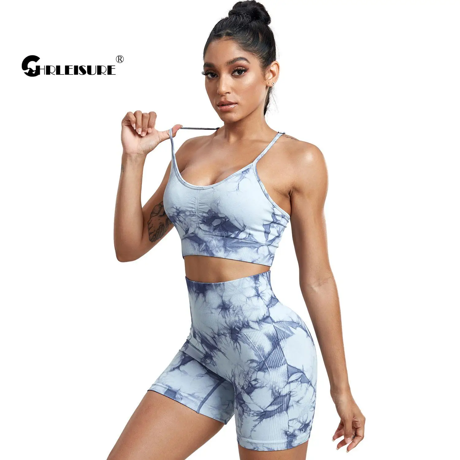 CHRLEISURE Tie Dye Yoga Sets for Women Seamless Sports Outfits Butt Lift Scrunch Cycling Shorts with Fitness Bra Sportswear