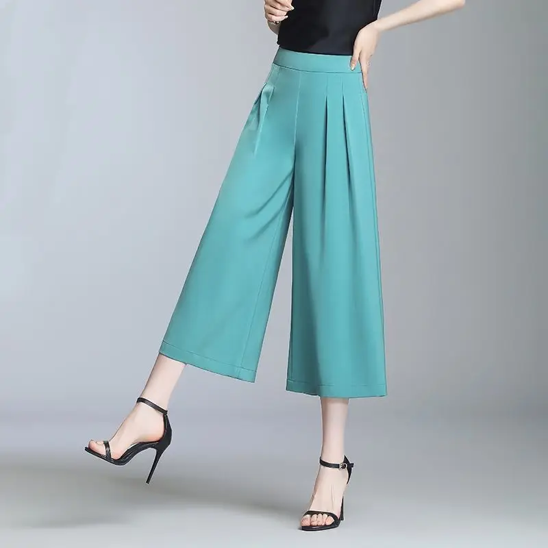 Elegant Commute Solid Color Wide Leg Pants Women's Clothing Summer Casual All-match High Waist Fashion Loose Capri Pants Female