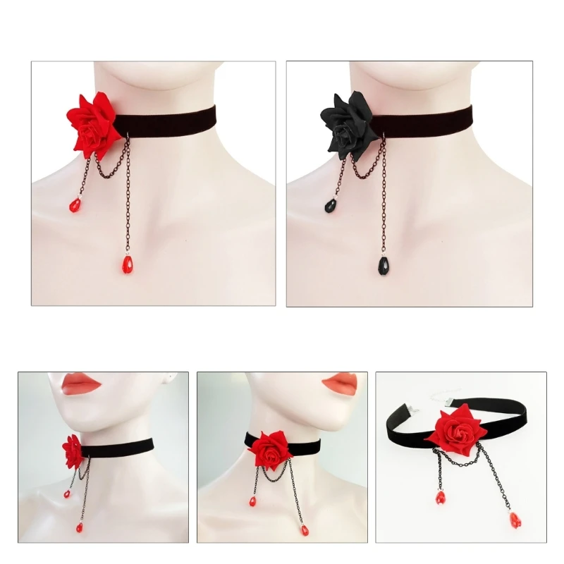 Womens Gothic Choker Necklace Retro-Flower Tassel Clavicle Chain Punk Collar Choker Steampunk Party Halloween Jewelry