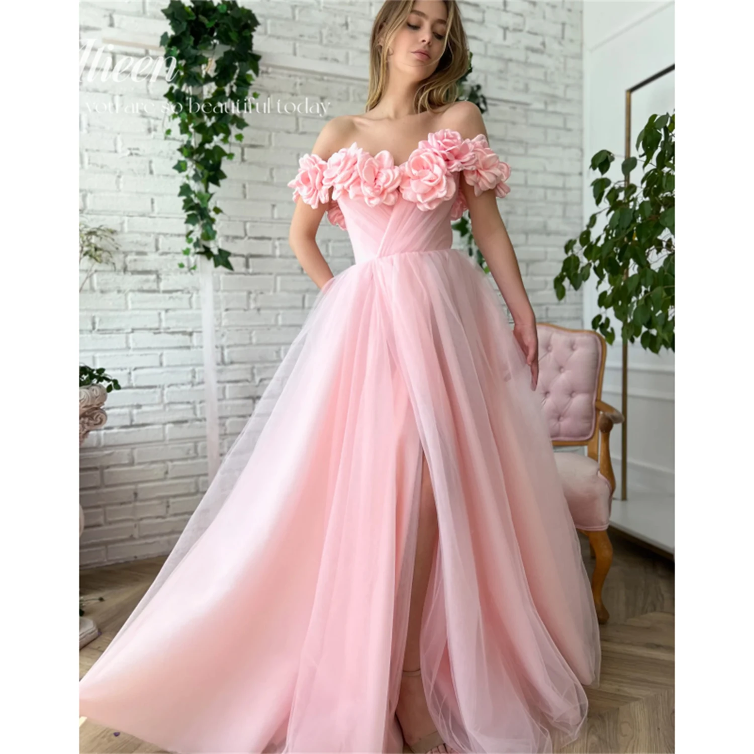 

Aileen Pink 3D Flowers Tulle Long Prom Dresses Off the Shoulder Appliques A-Line Evening Gowns Formal Party Dress 2023