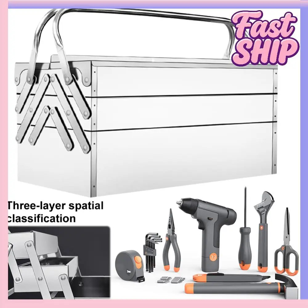 

Stainless Steel Folding Tool Box Metal Tool Box 3 Layer 5 Retractable Tray Compact Organizer Hardware Storage Box for Screw Nail
