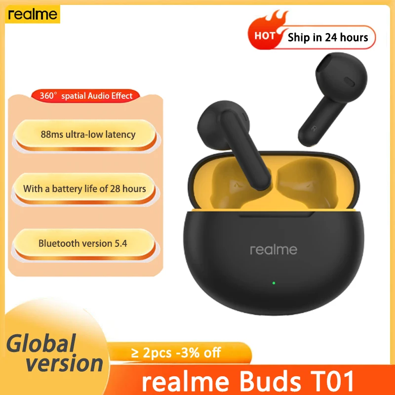 New realme Buds T01 True Wireless Earphone AI Noise Cancelling TWS Bluetooth 5.4 IPX4 Waterproof 28H Battery Life Headset