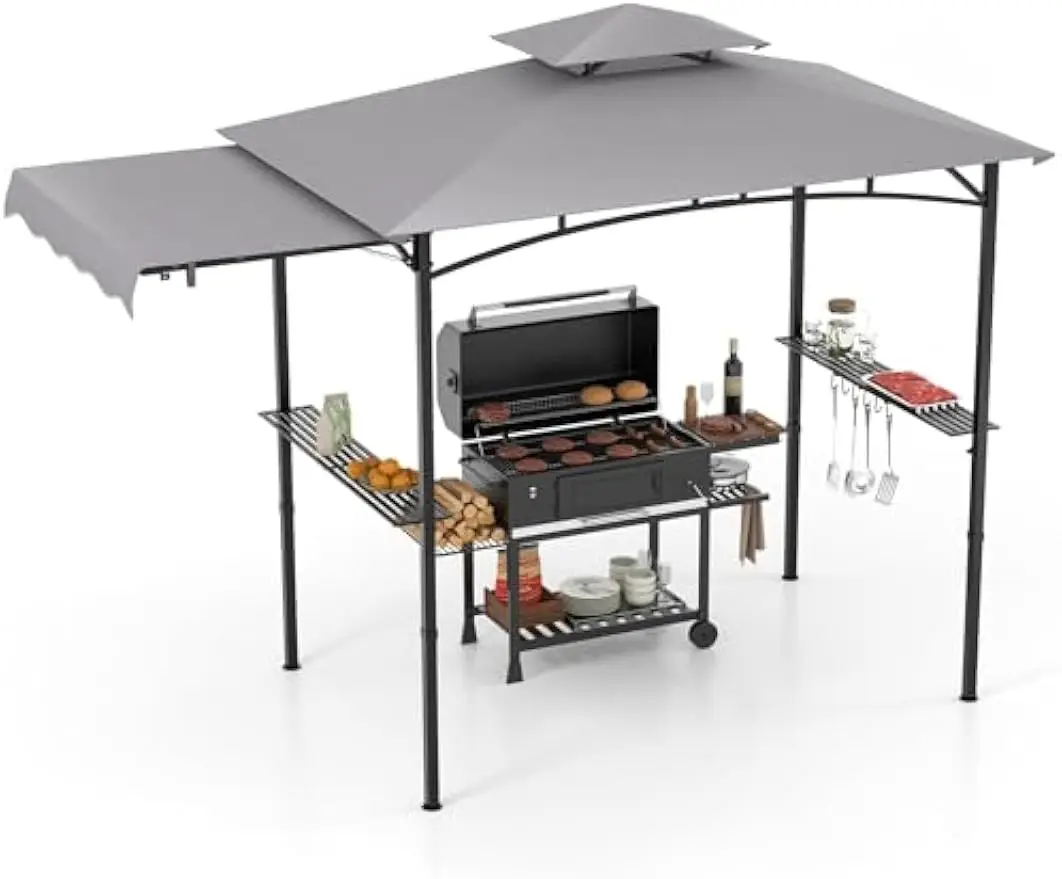 

Outdoor Grill Gazebo Canopy 11 x 5 FT, Barbecue Canopy with Double-Tiered Top, 2 Side Shelves, Hanging Hooks, Bottle Opener