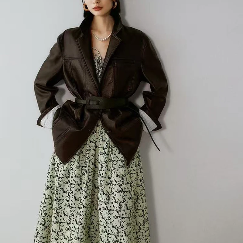 سترات من الجلد الحقيقي السيدات جلد الغنم فقاعة الجلد موضة خمر الأحمر البني زرين جيب فضفاض دعوى معطف Lederjacken Fraue #3