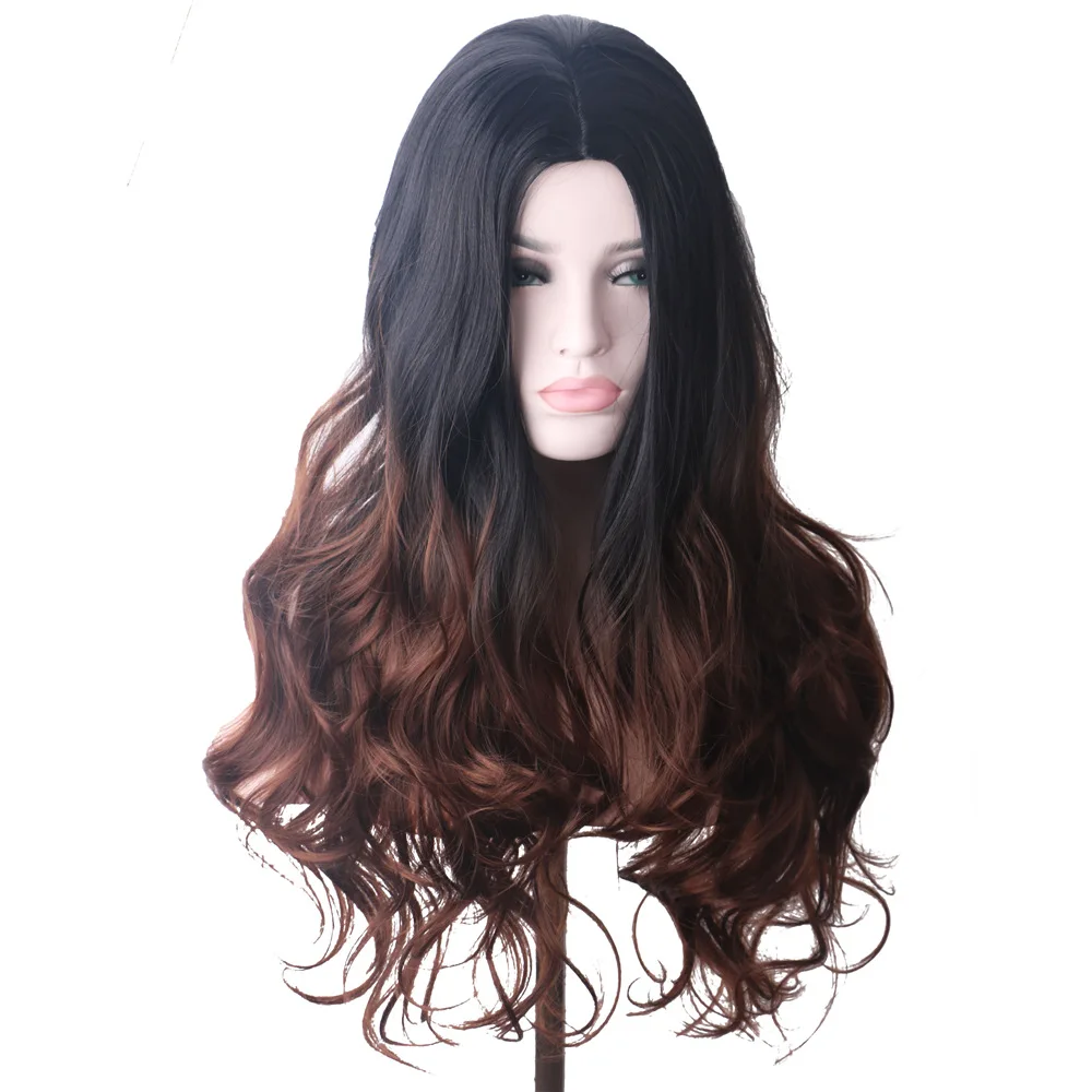 Gradual brown large wavy wig long curly hair high temperature silk headgear for female chemical fiber