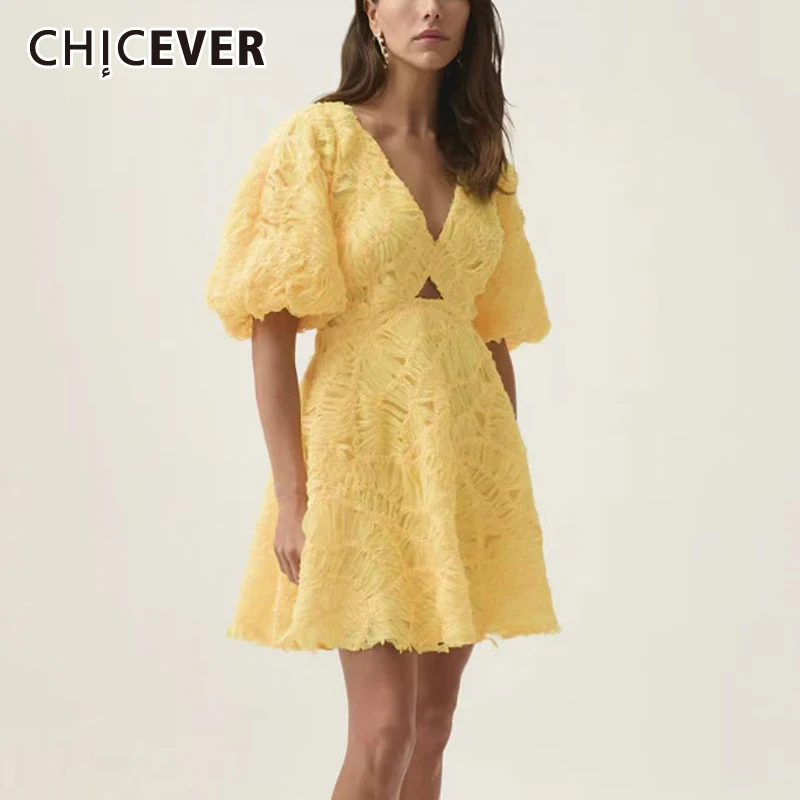 

CHICEVER Hollow Out Embroidery Mini Dresses for Women V Neck Short Sleeves High Waist Spliced Raw Edge Dress Female New Clothes