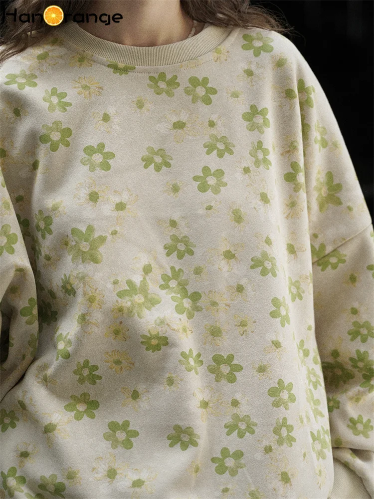 HanOrange 2025 Early Autumn Fashion Large Edition Shoulder Drop Floral Sweatshirt Women Delicate Smooth Top Apricot/Gray