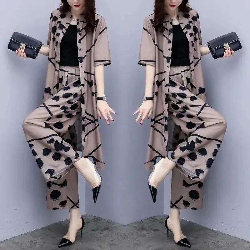 Slimming Printed Suit Women\'s Summer 2023 New Loose Everything Chiffon Cardigan Top Wide Leg Pants Fashion Two-piece Set Women