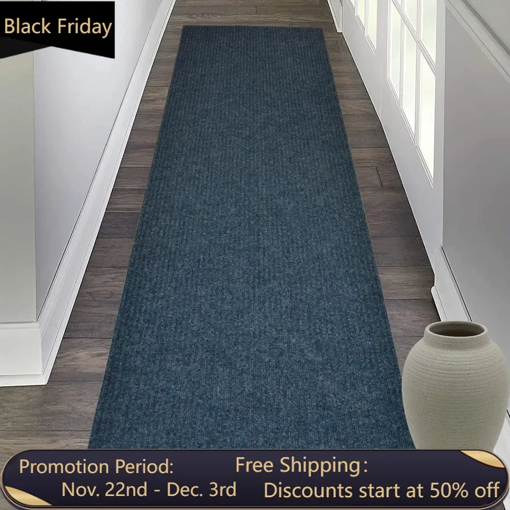 Tough Collection Custom Size Roll Runner Blue 27 in or 36 in Wide x Your Length Choice Slip Resistant Rubber Back Area Rugs and