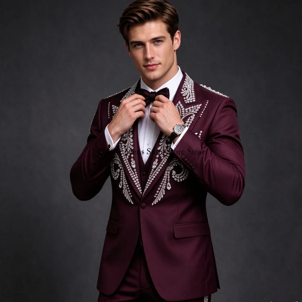 High End Corset Crystal Men Suit Formal Corset Gem For Wedding Groom Male Prom Party Customized Blazer 3 Pieces Set Tuxedos Slim