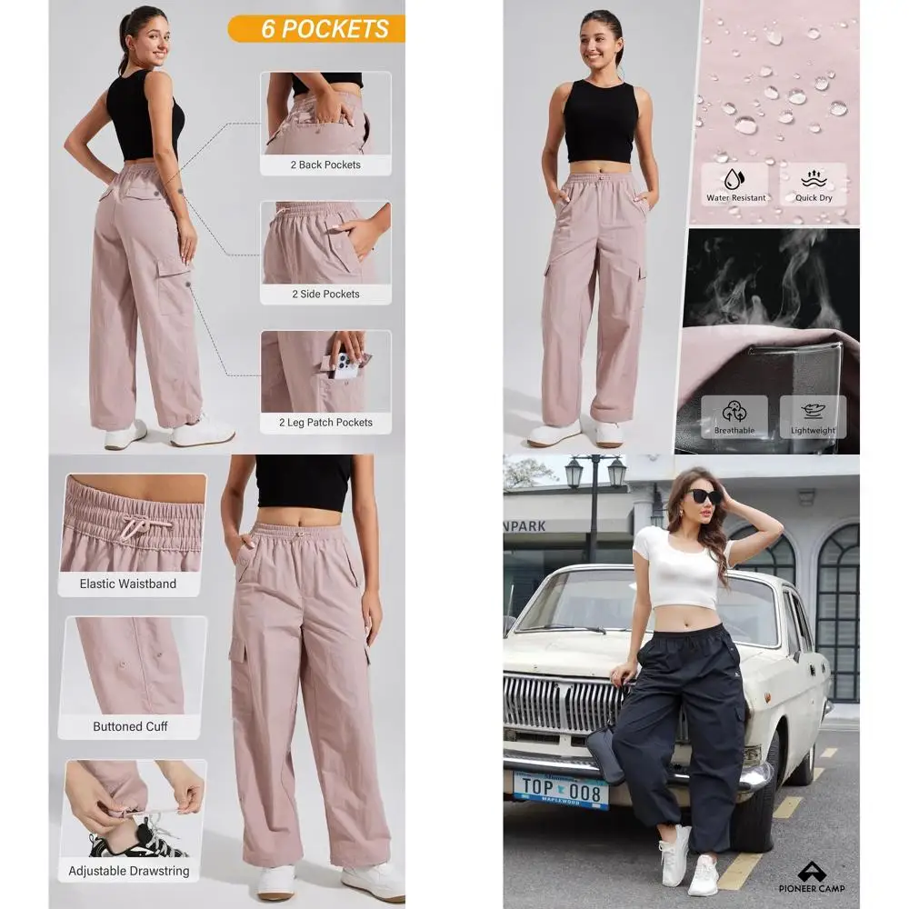 

Pioneer Camp Womens Parachute Cargo Pants with Pockets Baggy High Waisted Quick Dry Hiking Pants Lightweight Wide Leg