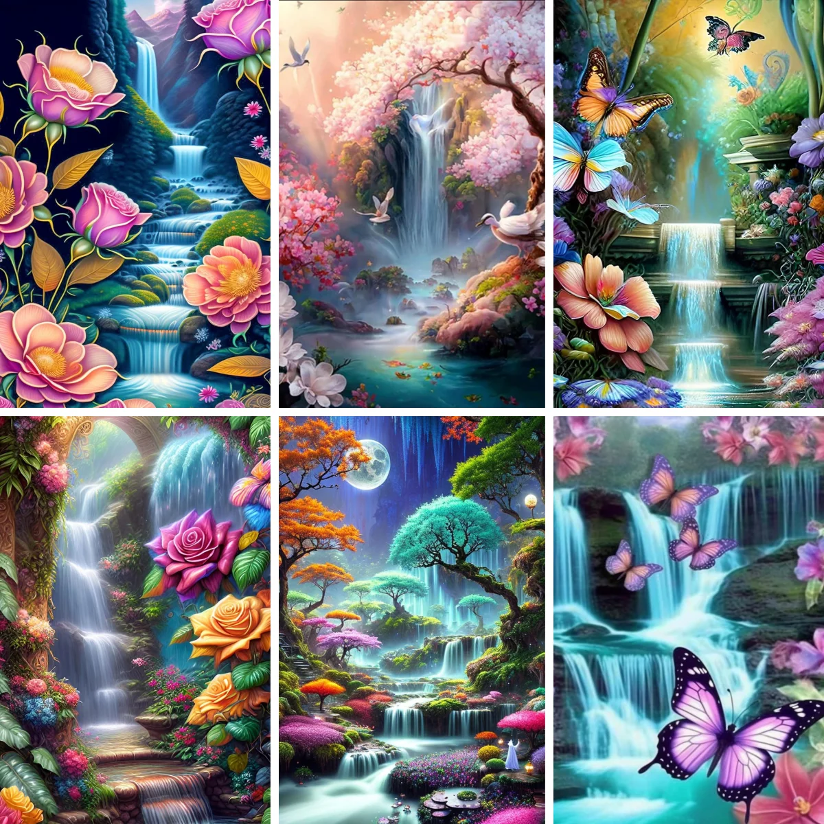 

New Arrival 5D DIY Diamond Painting Waterfall with Butterflies Floral Landscape Full Square Mosaic Rhinestones Needlework Decor