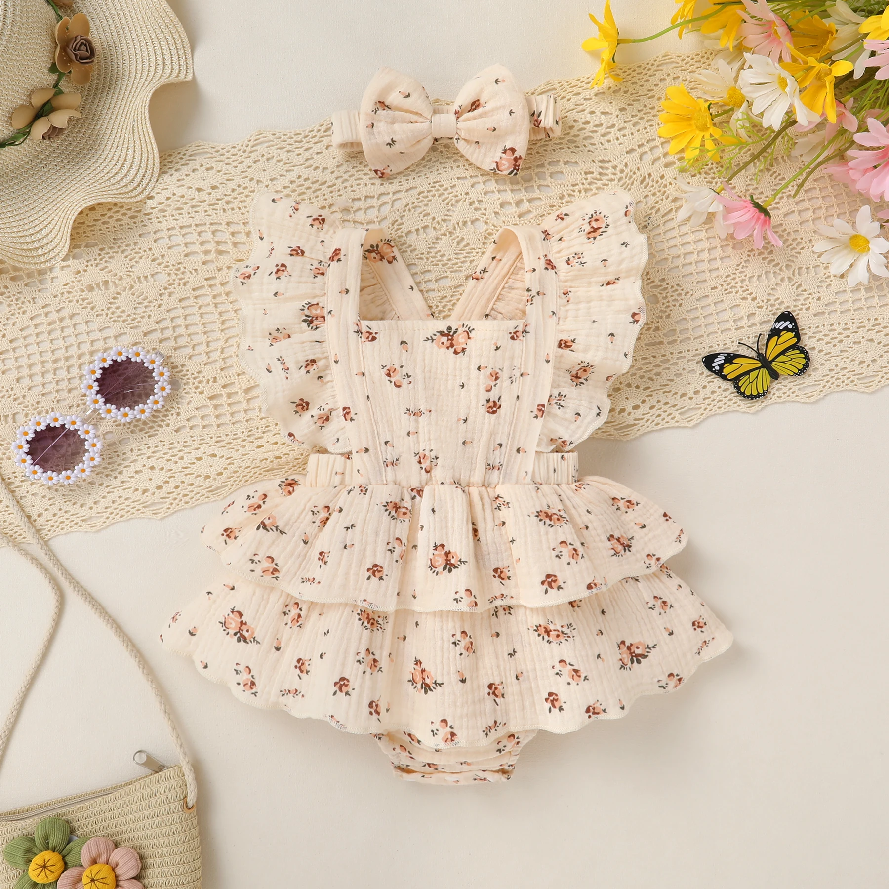 Newborn Baby Girls Summer Flutter Sleeve Floral Print Double Layer Skirted Bodysuit with Bow Headband 2 Piece Set
