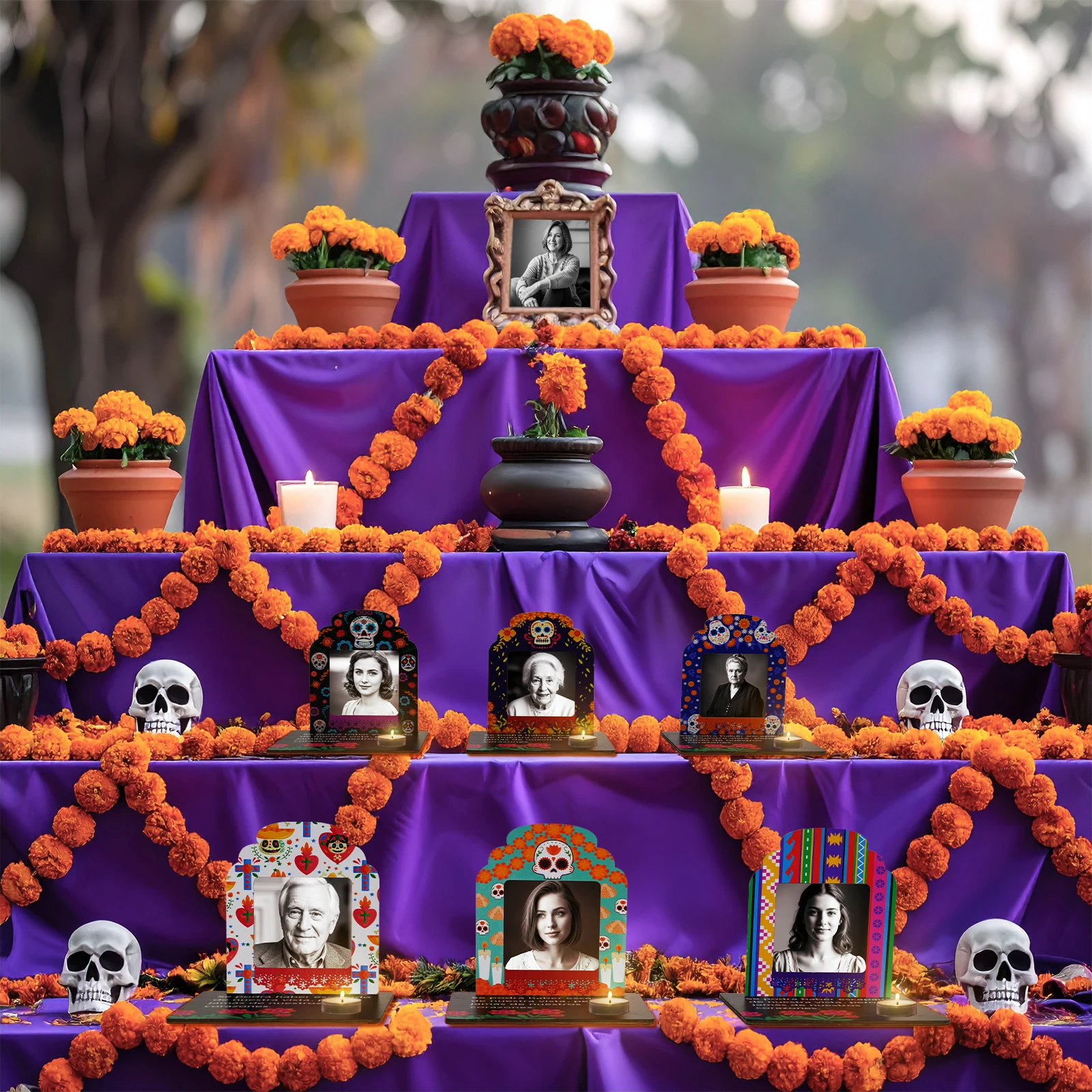 OurWarm 12 Sets Wooden Dia De Los Muertos Picture Frames with Candleholder, Sugar Skull Style, Day of the Dead Decorations
