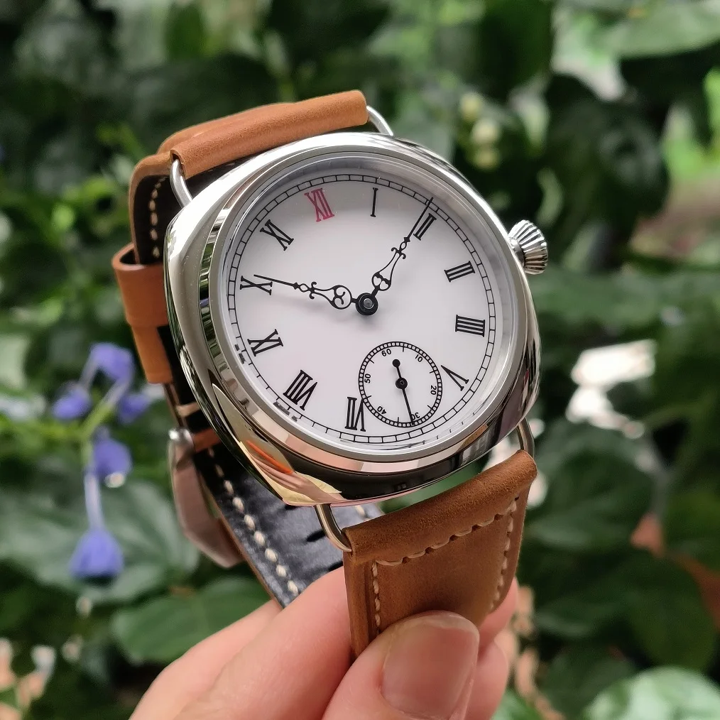 No logo Men\'s watch 45mm Mechanical Hand Wind watch White enamel dial Seagull ST3621 movement AR blue coated crystal