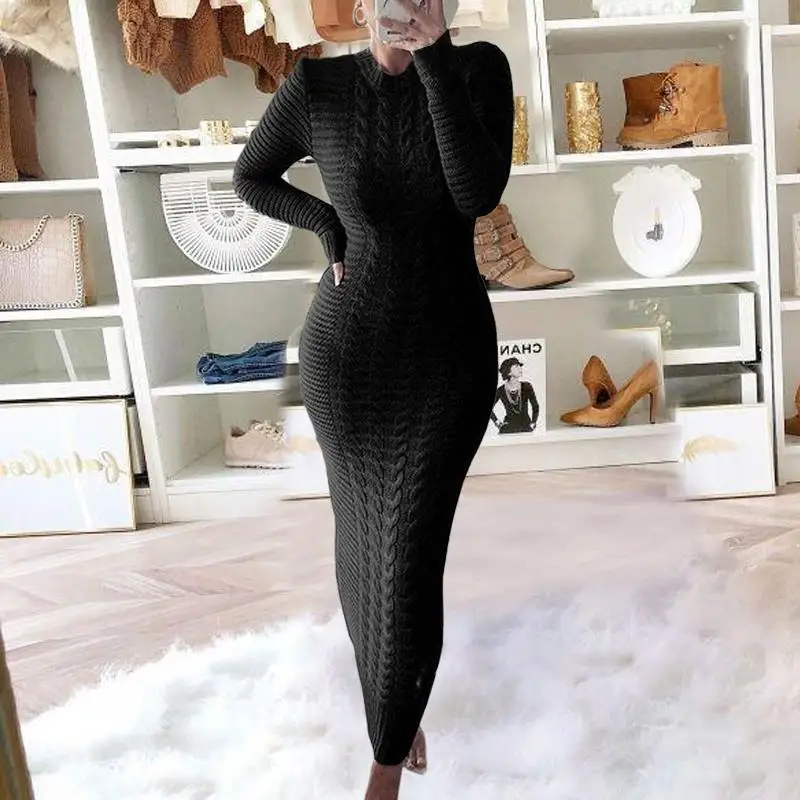 Autumn/Winter 2024 Women's Slim Dress Solid Shopping Fashion Fried Dough Twists Long Sleeve Wool Knitted Dress