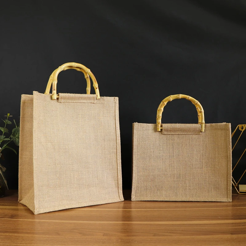 Bamboo Handle Vintage Jute Shopping Bag Cotton Linen Handbag Home Supermarket Shopping Bag Eco-friendly Large Capacity