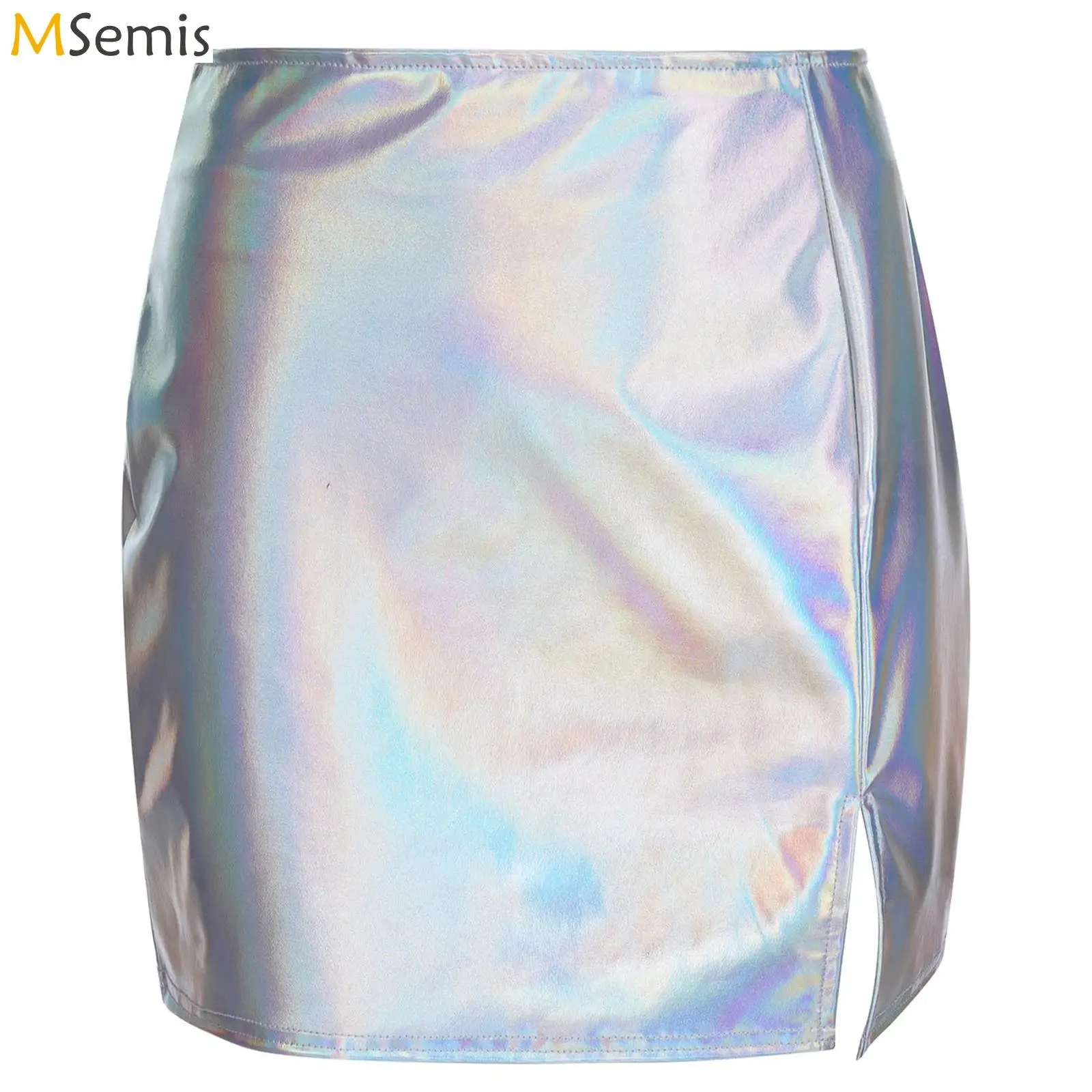 

Женская металлическая блестящая мини-юбка-карандаш с боковым разрезом на молнии сзади, облегающая юбка-труба, клубный костюм для вечеринки, музыкальная фестивальная одежда