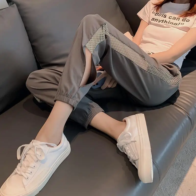 Pants Women Harem Trousers Ulzzang Mesh Side-slit Loose Hollow Out High Waist Street Wear Style Ankle-Length Trendy College Ins