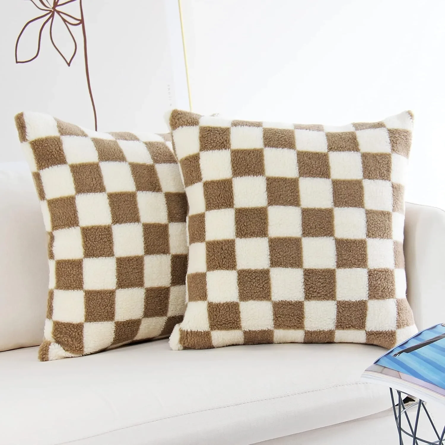 45CM Checkerboard Decor Throw Pillow Cover Soft Faux Fur Wool Khaki Chessboard Pattern Cushion Cover for Sofa Bedroom Home Decor