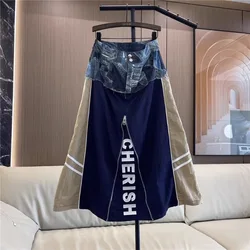 2024 American High Waist Tooling Skirt Street Letter Stitching Denim Overskirt Women's Summer Slim Split Mid-Length A-Line Skirt