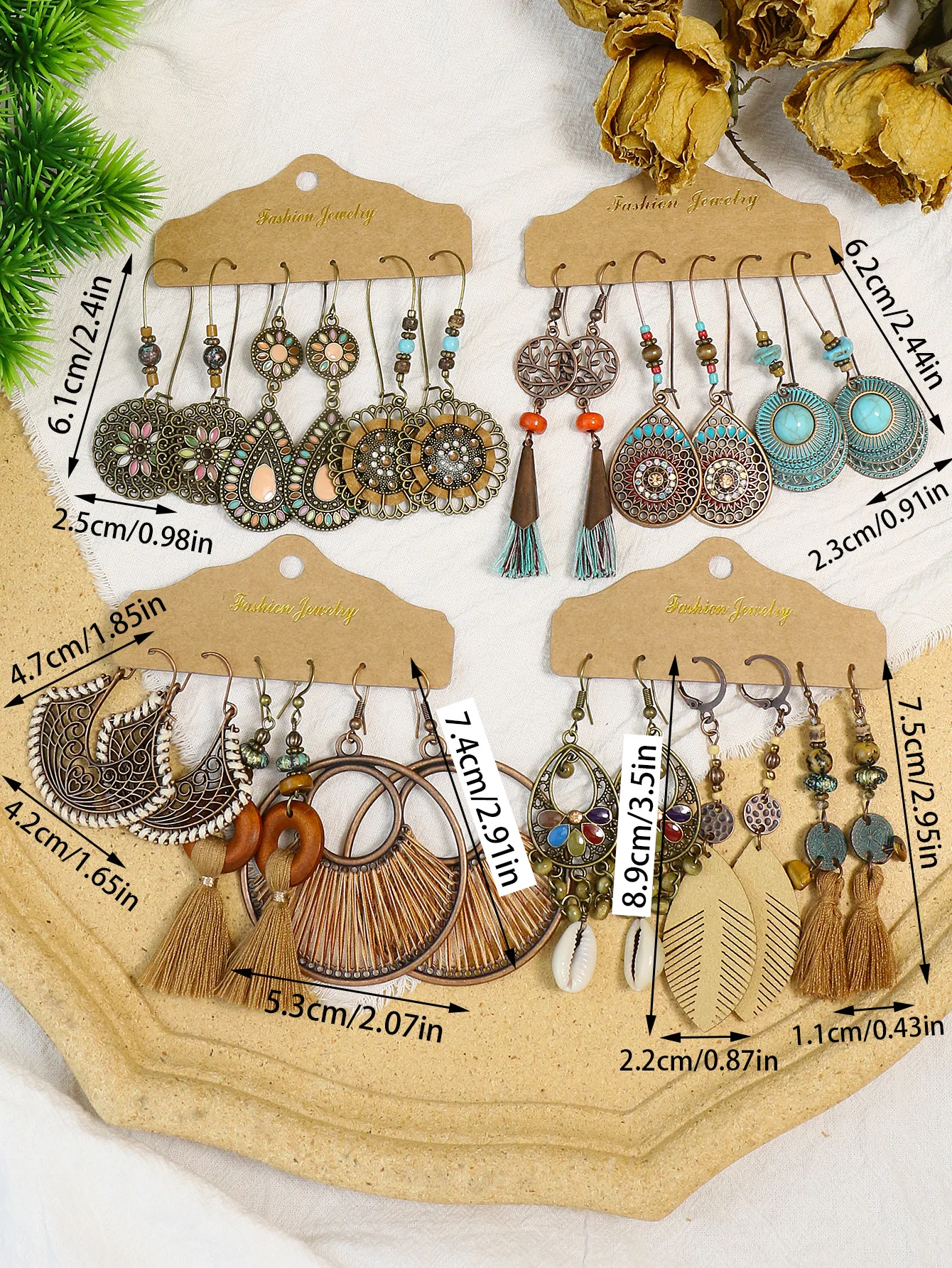 Vintage Leaves, Water Drops, Fake Wind Earrings, Female Geometric Handmade Shell Earrings, Coffee Color Tassel Jewelry