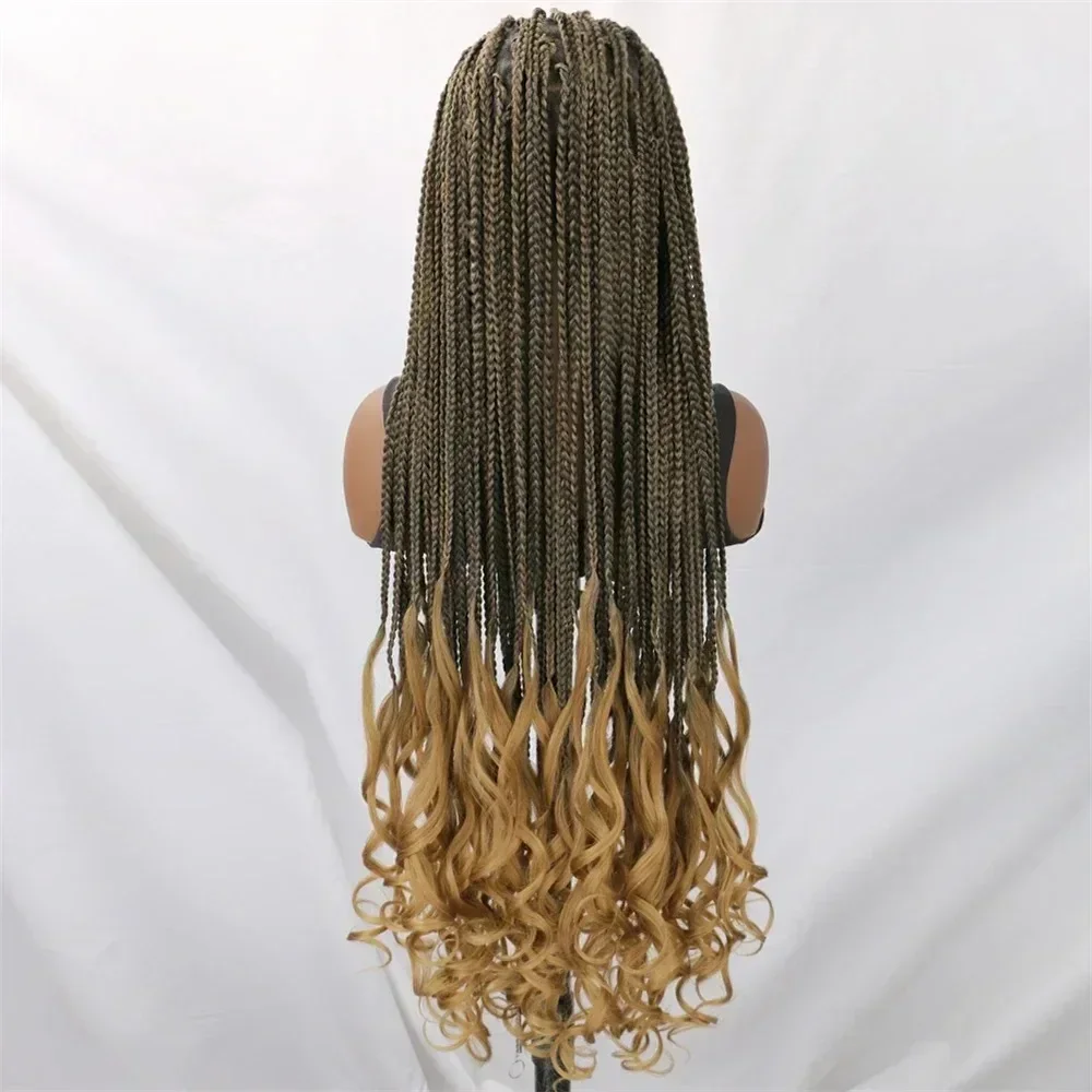 Pelucas trenzadas en caja para mujeres negras, pelo sintético bohemio sin nudos con extremos ondulados, trenzas Afro delanteras de encaje completo, peluca de pelo de bebé de 36 ", uso diario