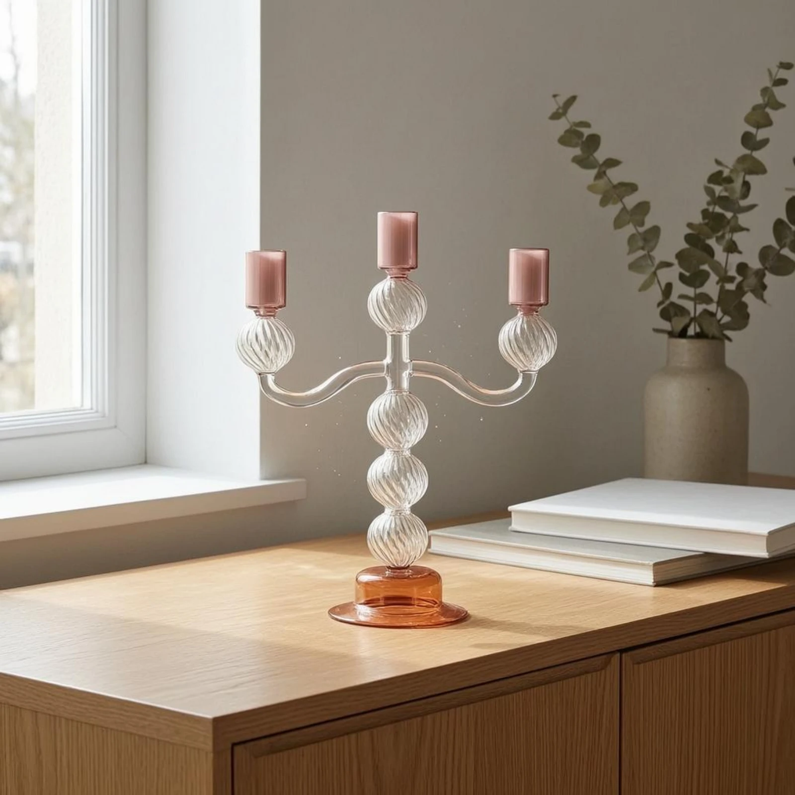 Fotografia 7: Candelabro de Três Braços em Vidro Rosa Claro Lustroso, Suporte para Velas com Braços Curvados