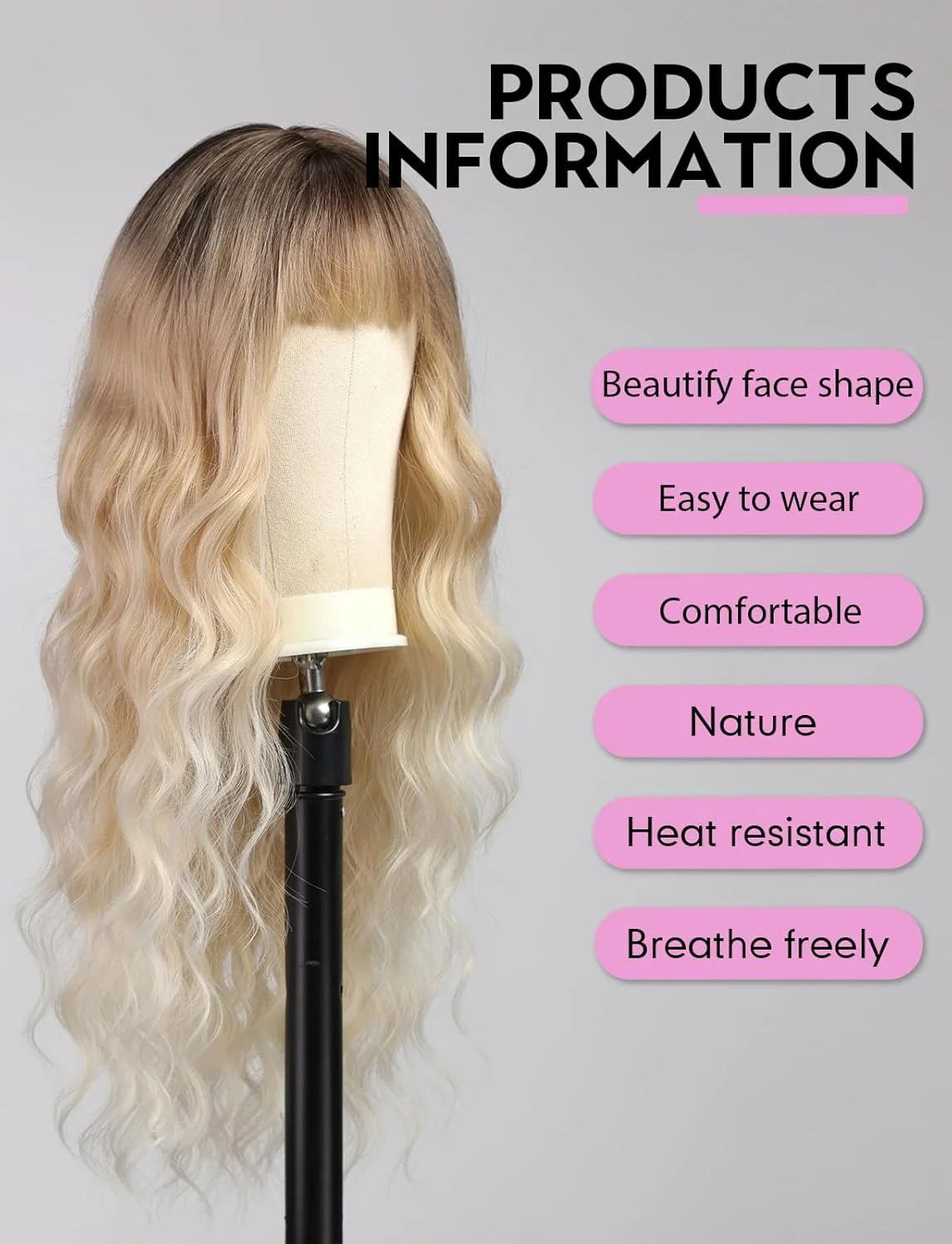 Blonde Gold Synthetic Wig for Women Long Wavy Synthetic Wigs with Bangs Dark Root Hair Heat Resistant Wigs Natural Daily Fiber