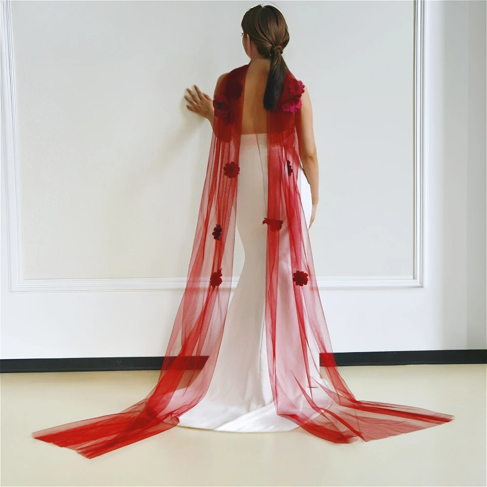 4M Long Burgundy Flowy Bridal Shawl with Flowers Wedding Bolero with Women Elegant Sexy Wear Wedding Capes Wedding Props