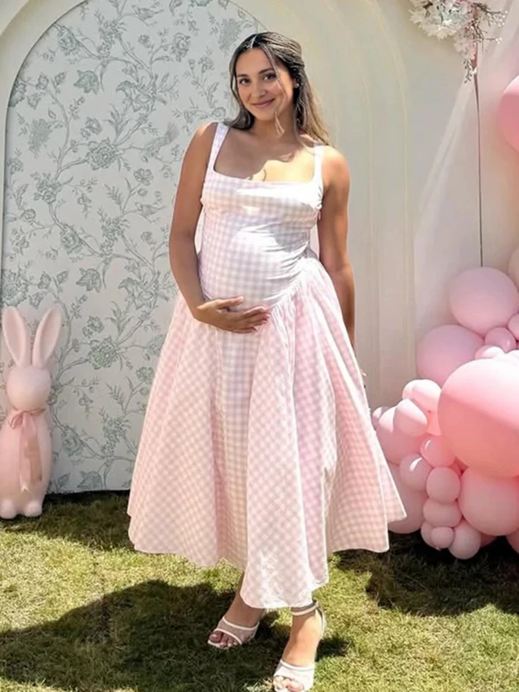 Maternity Photography Gingham Dresses Sleeveless Strap Pregnancy Photoshoot Outfit Gender Reveal Dress Elegant Maternity Gown