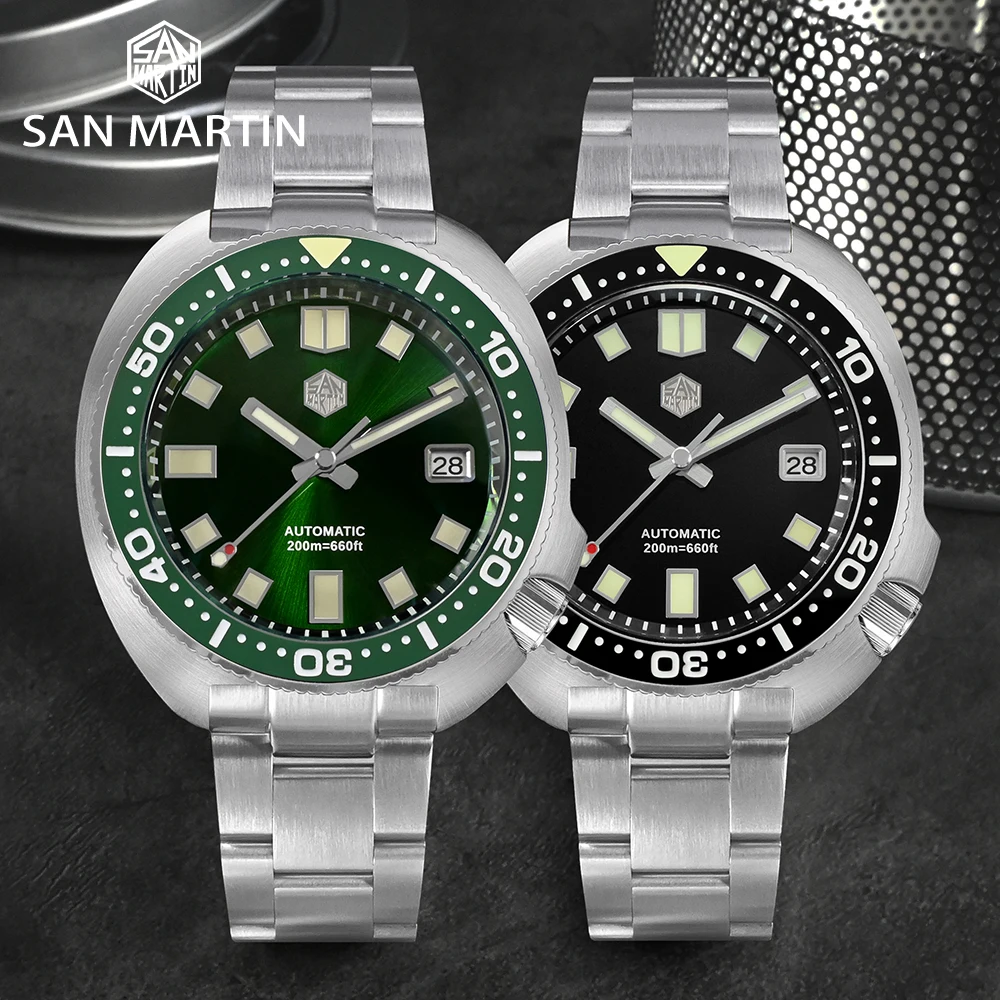 San Martin Orologio da uomo di lusso 44mm New Turtle Diving NH35 Bracciale meccanico automatico con zaffiro 20 Bar Luminoso Relojes часы