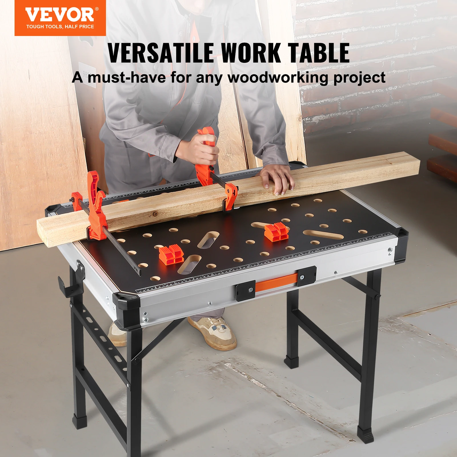 VEVOR Folding Work Table 1000LBS Load Capacity Multifuctional Portable Workbench & Versatile Sawhorse for DIY Woodworking Use