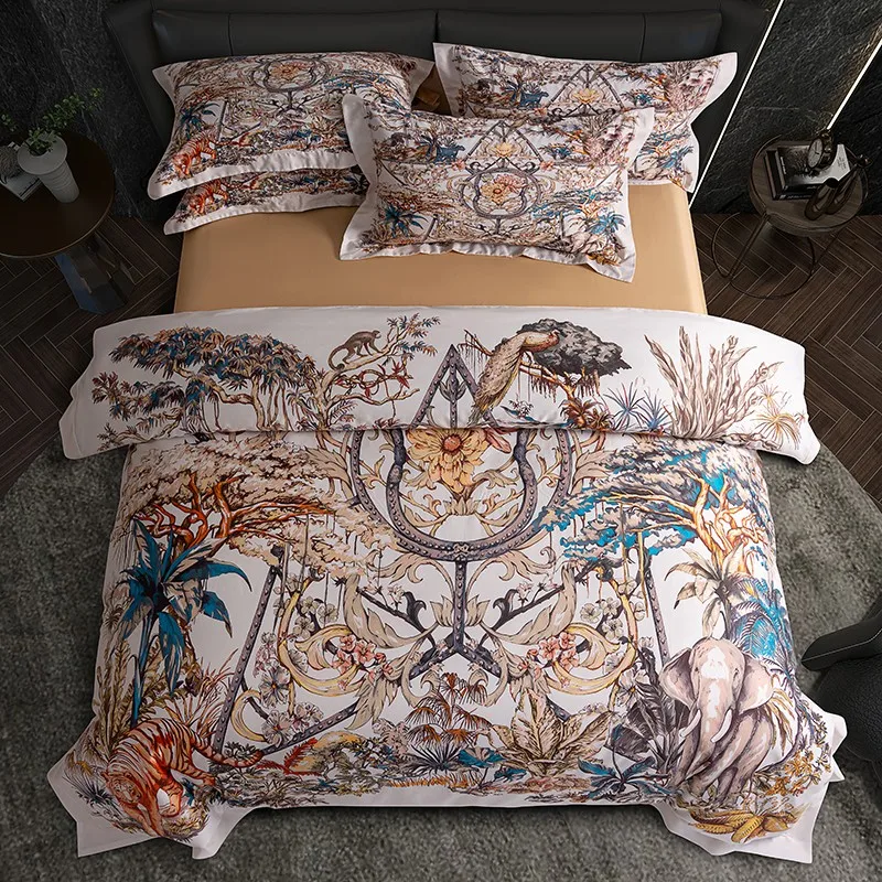 4Pcs 1000TC Egyptian Cotton Ultra Soft Silky Bedding set Tropical Jungle Animal Elephant Tiger Duvet Cover Bed Sheet Pillowcases