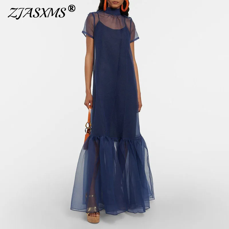 ผู้หญิงฤดูใบไม้ผลิครึ่งคอสูงตาข่ายปลอม 2 ชิ้นชุดสํานักงาน Elegant Bowknot ชุดยาวฤดูร้อนแขนสั้น Boho ชุด