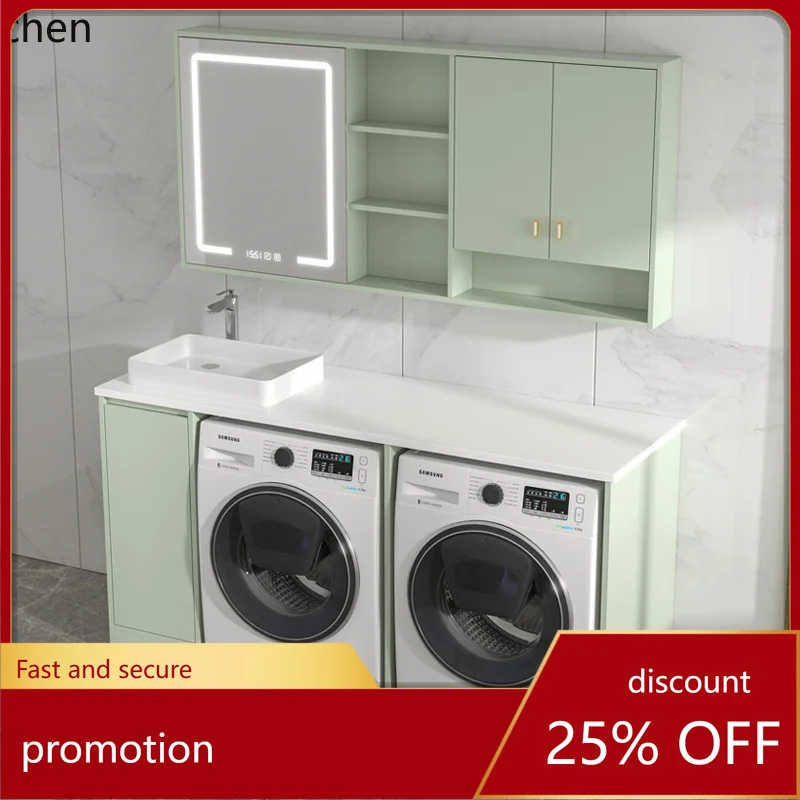 ZML Balcony Double Washing Machine Cabinet Dryer Combination Countertop Wash Basin Integrated Cabinet Solid Wood