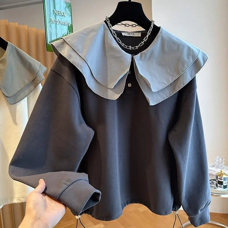 Women Trendy Double-Layer Peter Pan Collar Cute Sweet Sweatshirt Loose Streetwear Y2K Oversized Hoodie Long Sleeve Pullover Tops