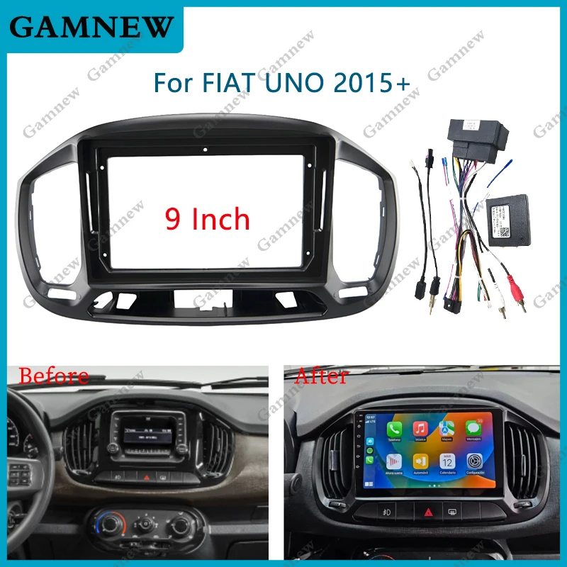 Marco de coche Fascia Android, Kit de Panel de ajuste de Radio, adaptador de instalación de montaje en tablero, caja Canbus para Fiat UNO 2015 +, 9 pulgadas