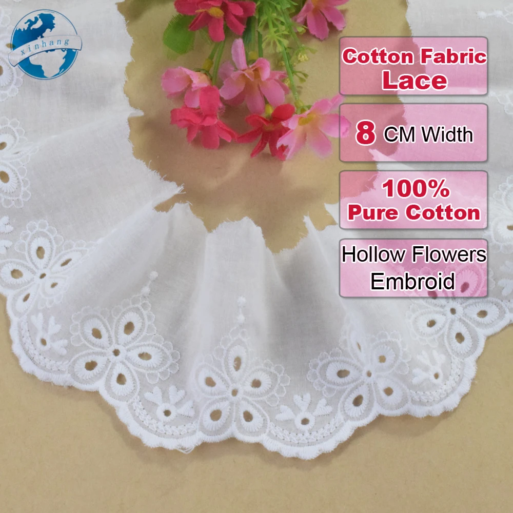 Pure Cotton Fabric 8CM Wide White Lace Embroidery Sewing Ribbon Trim Wedding Evening Dress DIY Dolls Colthes Accessories #4299