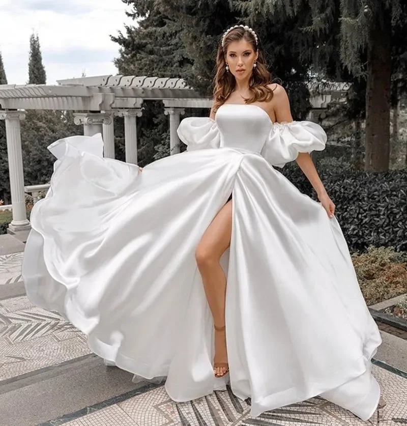 Simple A line strapless backless wedding dress with detachable puffed sleeves sexy side high slit simple style new bride dress