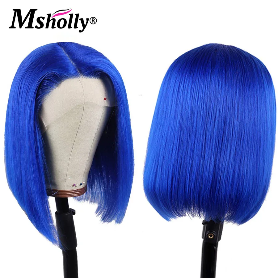 Navy Blue Bob Wig Human Hair Brazilian Preplucked Naturai Hairline Wigs 100% Human Hair Straight Blue Colored Lace Front Wigs