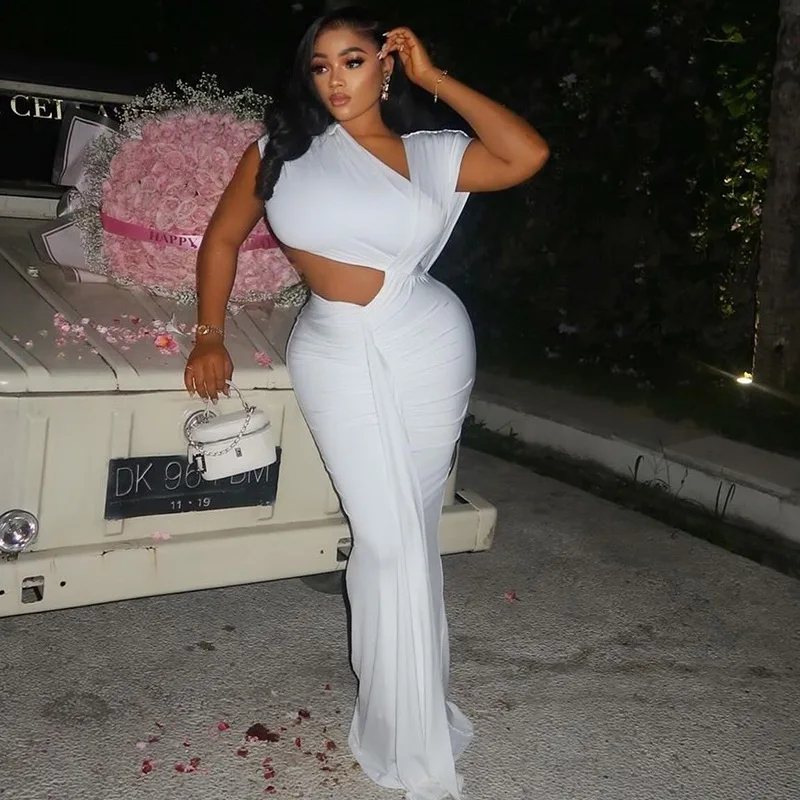 

Women's Diagonal V-Neck Sleeveless Pleated Irregular Long Dress, Hips Wrapped, Solid Color