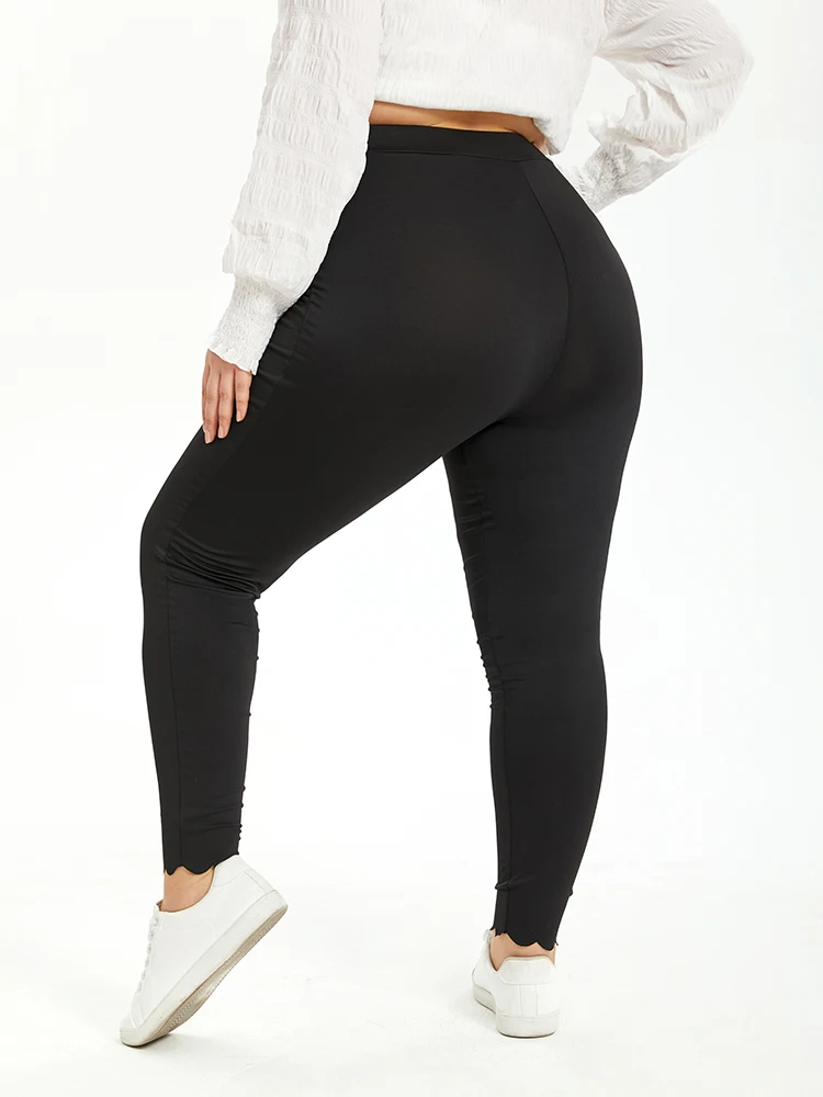 Plus Size Clothing Solid Skinny Leggings Casual High Waist Stretchy Leggings Tight and Slimming Leggings With Scalloped Edge