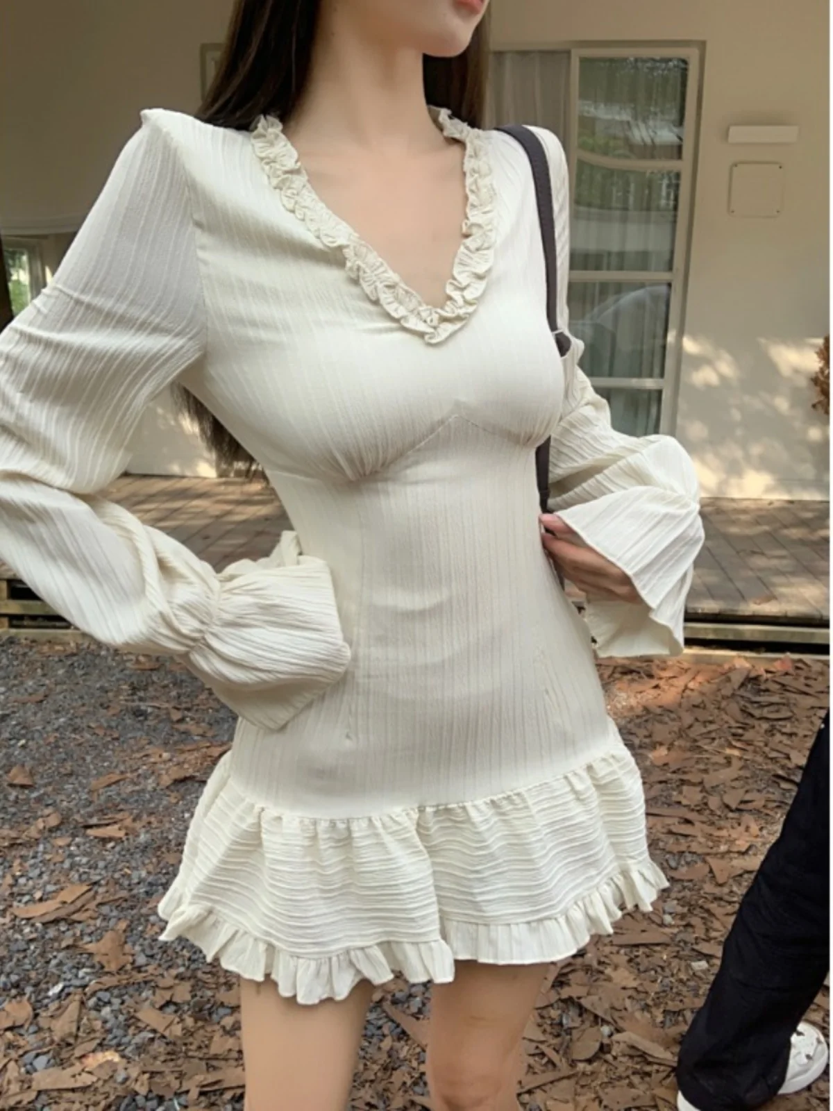 Fall French Vintage Women Long Sleeve V-Neck Mini Dress Mori Girl Ruffles Frocks Party Slim Prom Gown Evening Romantic One-Piece