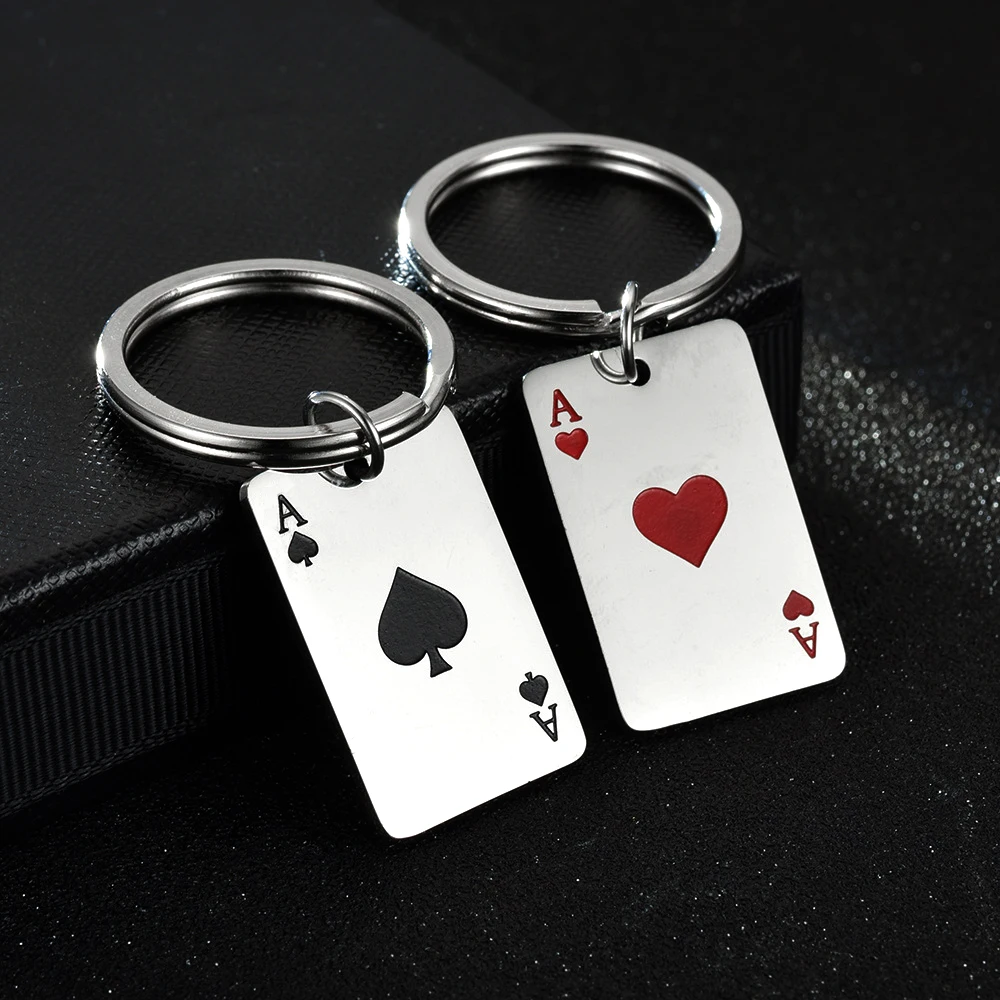 Fashion Lucky Spades Heart Ace Keychain Women Men Stainless Steel Black Red Square Poker Card Key Ring Key Charm Bag Accessories