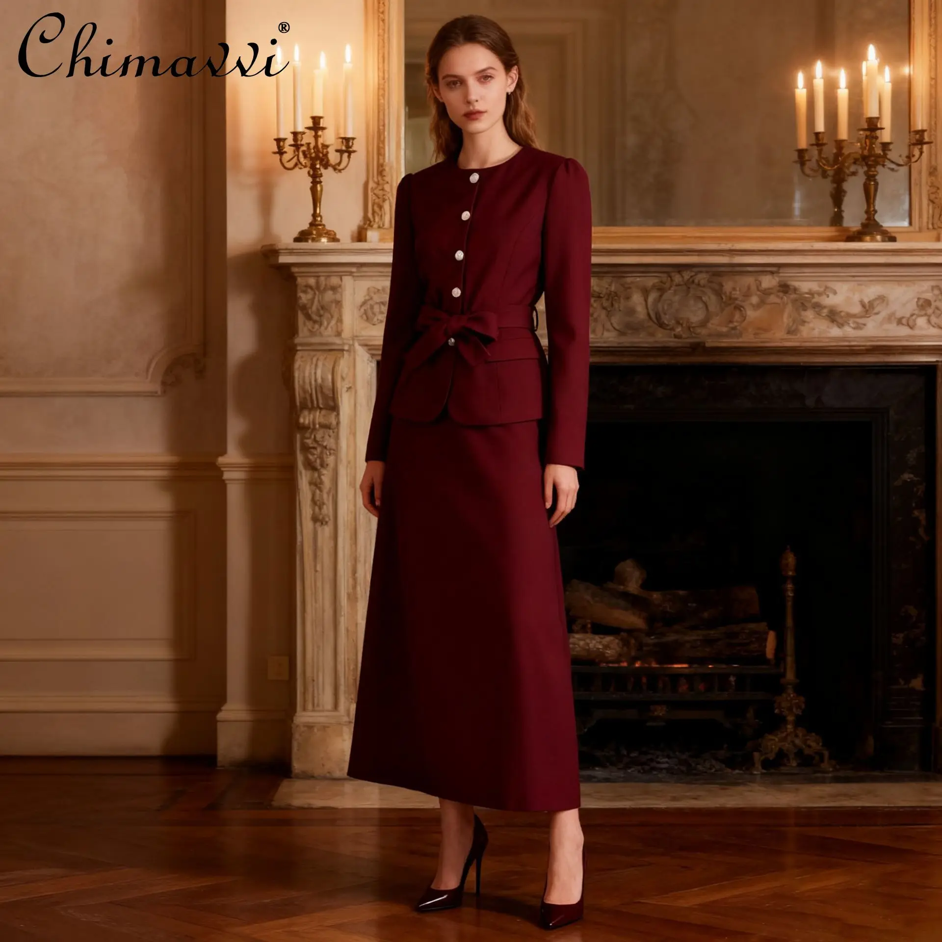 

French Elegant Fashion Commuter Skirt Suits Round Neck Lace-up Single-breasted Blazer High Waist Long Skirts Two-piece Set Women